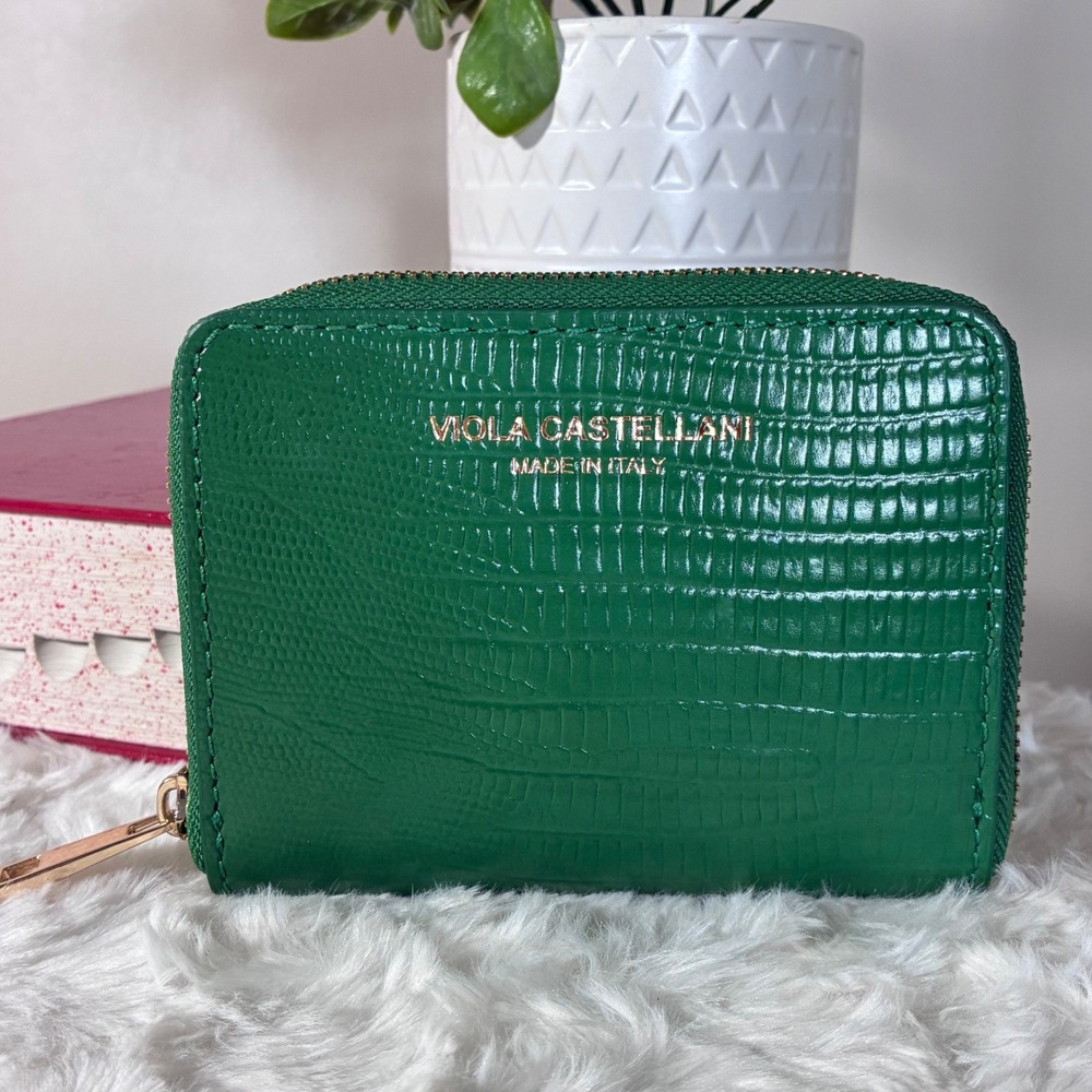 Viola Castellani Green Lizard Embossed Leather Zip Around Wallet Made in Italy
